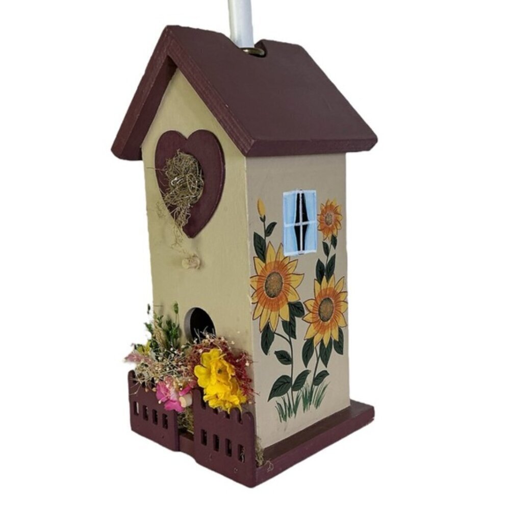 Birdhouse Table Lamp Sunflower Rustic Wood Hand Crafted Tan Country Barn Red - Picture 2 of 15